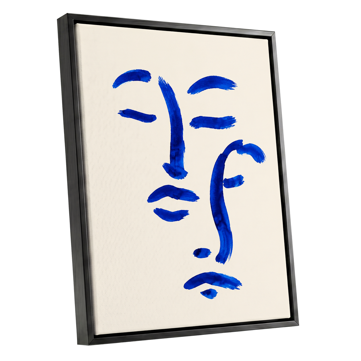 Cobalt Reverie, blue, beige, white minimalist wall art shown as a black framed canvas wall art