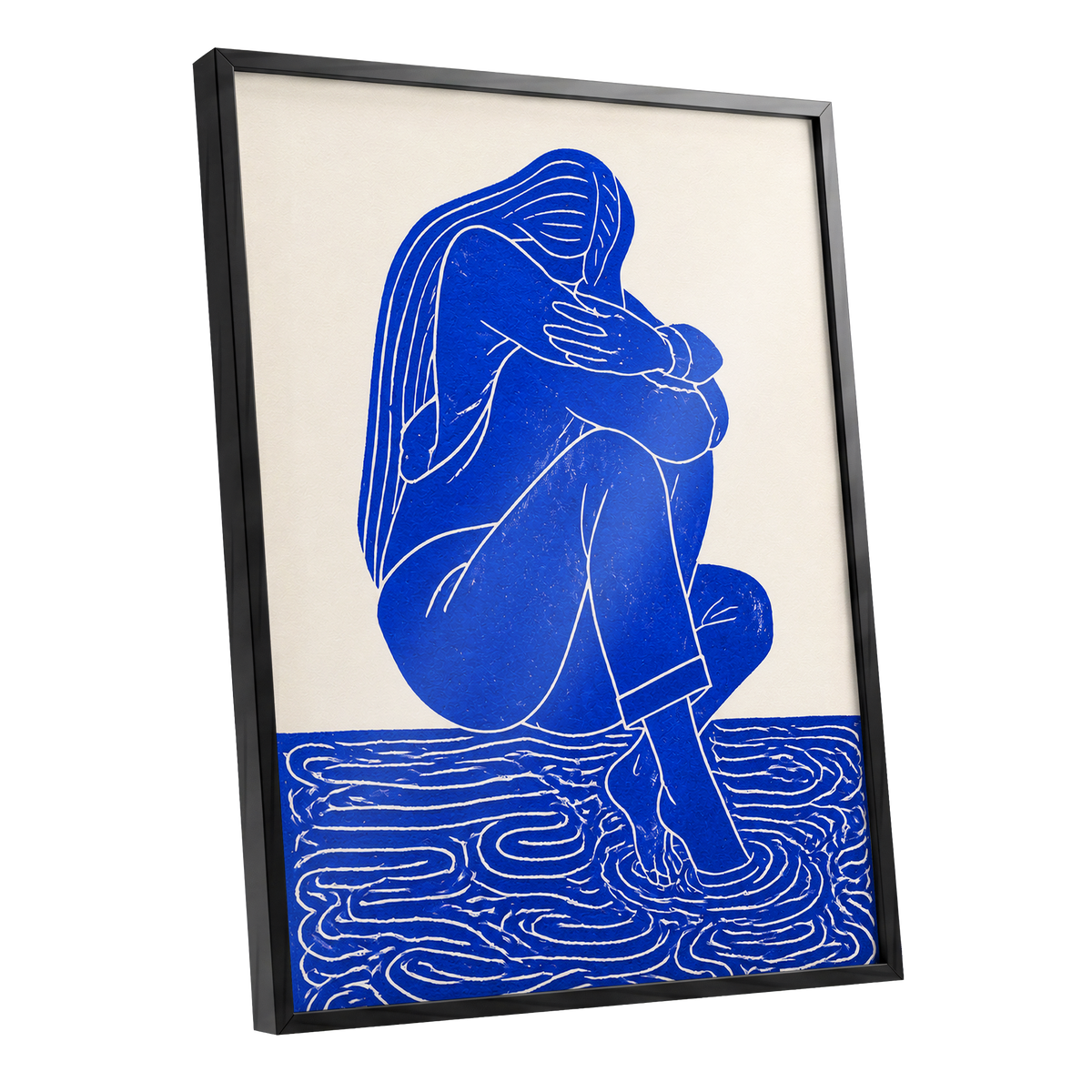 Cobalt Reverie, blue, beige, white minimalist wall art shown as a black framed poster wall art print