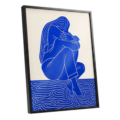 Cobalt Reverie, blue, beige, white minimalist wall art shown as a black framed poster wall art print