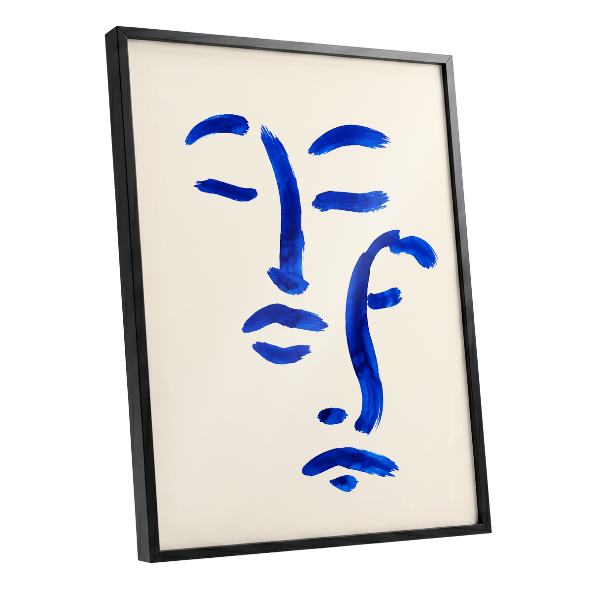 Cobalt Reverie, blue, beige, white minimalist wall art shown as a black framed poster wall art print