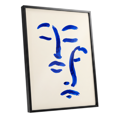 Cobalt Reverie, blue, beige, white minimalist wall art shown as a black framed poster wall art print