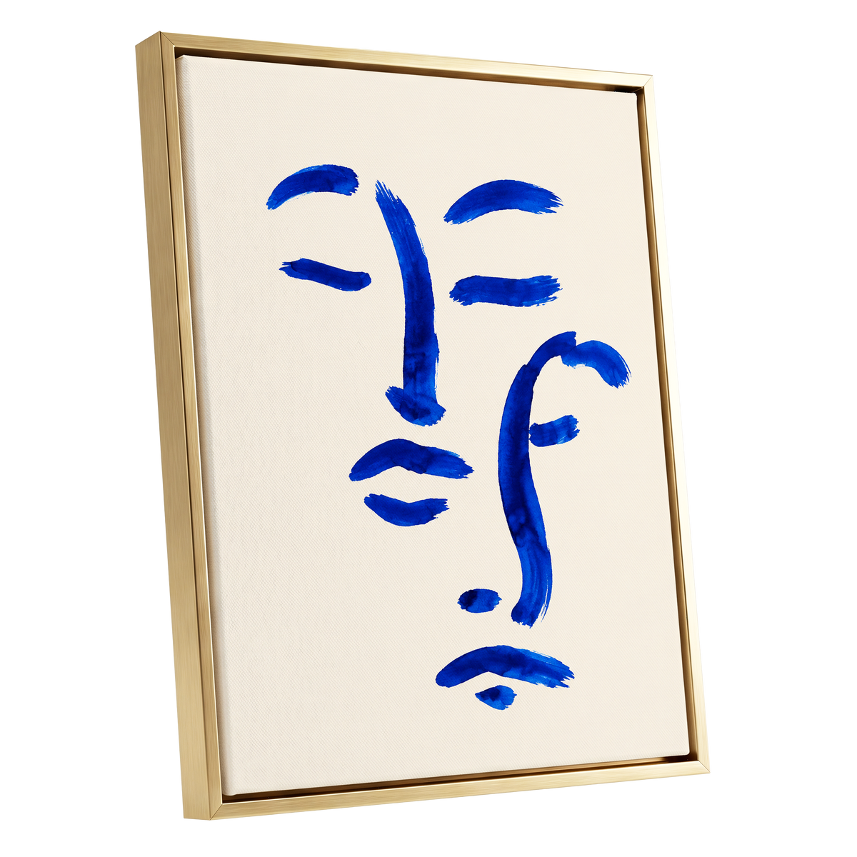 Cobalt Reverie, blue, beige, white minimalist wall art shown as a gold framed canvas wall art