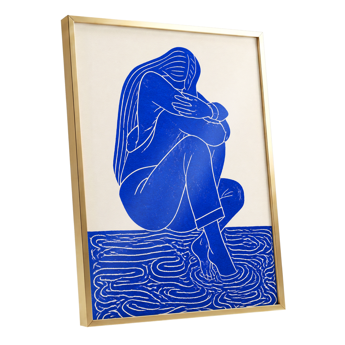 Cobalt Reverie, blue, beige, white minimalist wall art shown as a gold framed poster wall art print