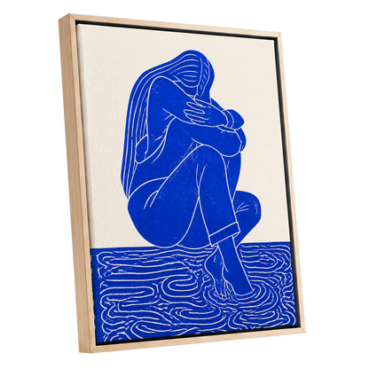 Cobalt Reverie, blue, beige, white minimalist wall art shown as a oak framed canvas wall art