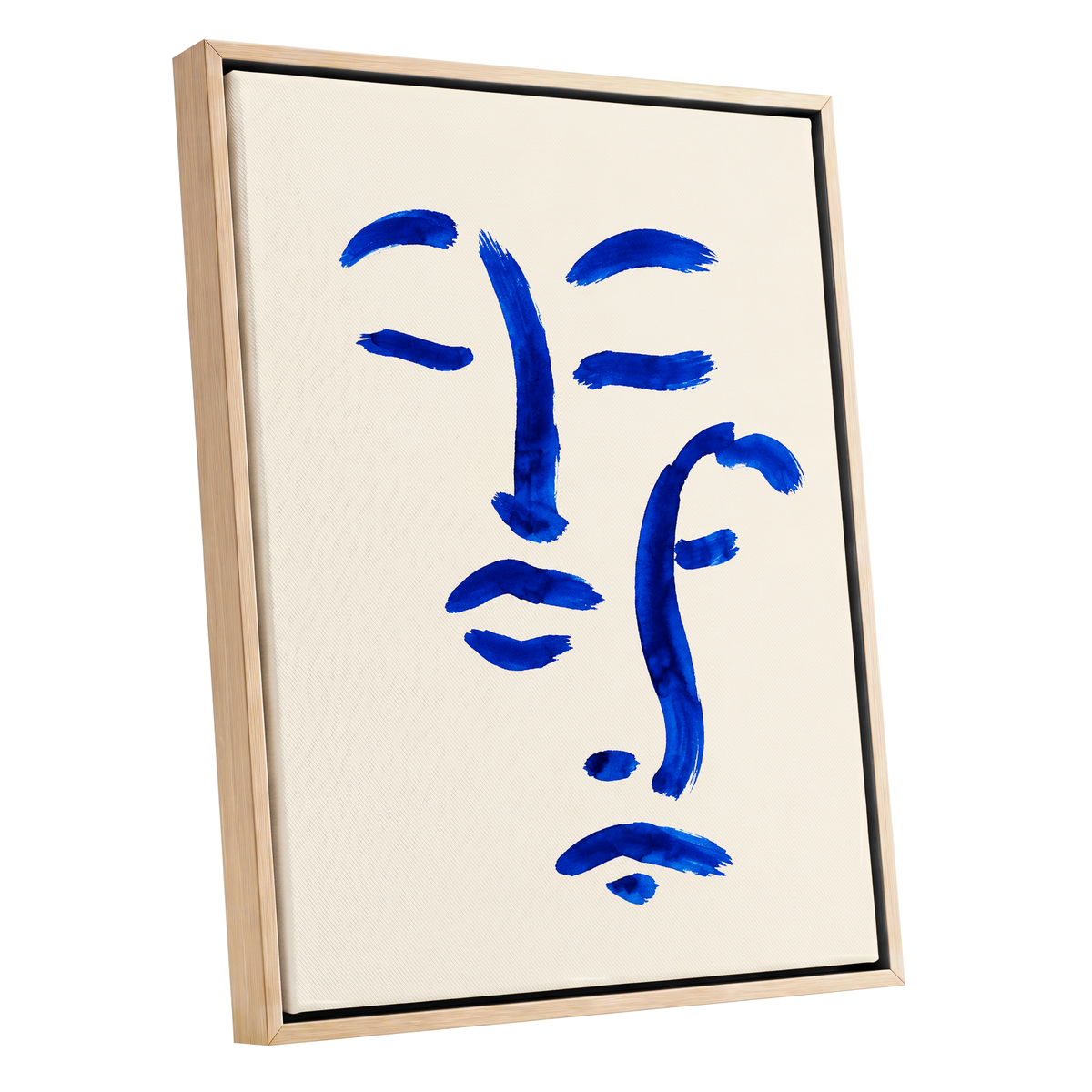 Cobalt Reverie, blue, beige, white minimalist wall art shown as a oak framed canvas wall art