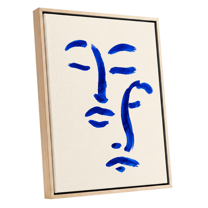 Cobalt Reverie, blue, beige, white minimalist wall art shown as a oak framed canvas wall art