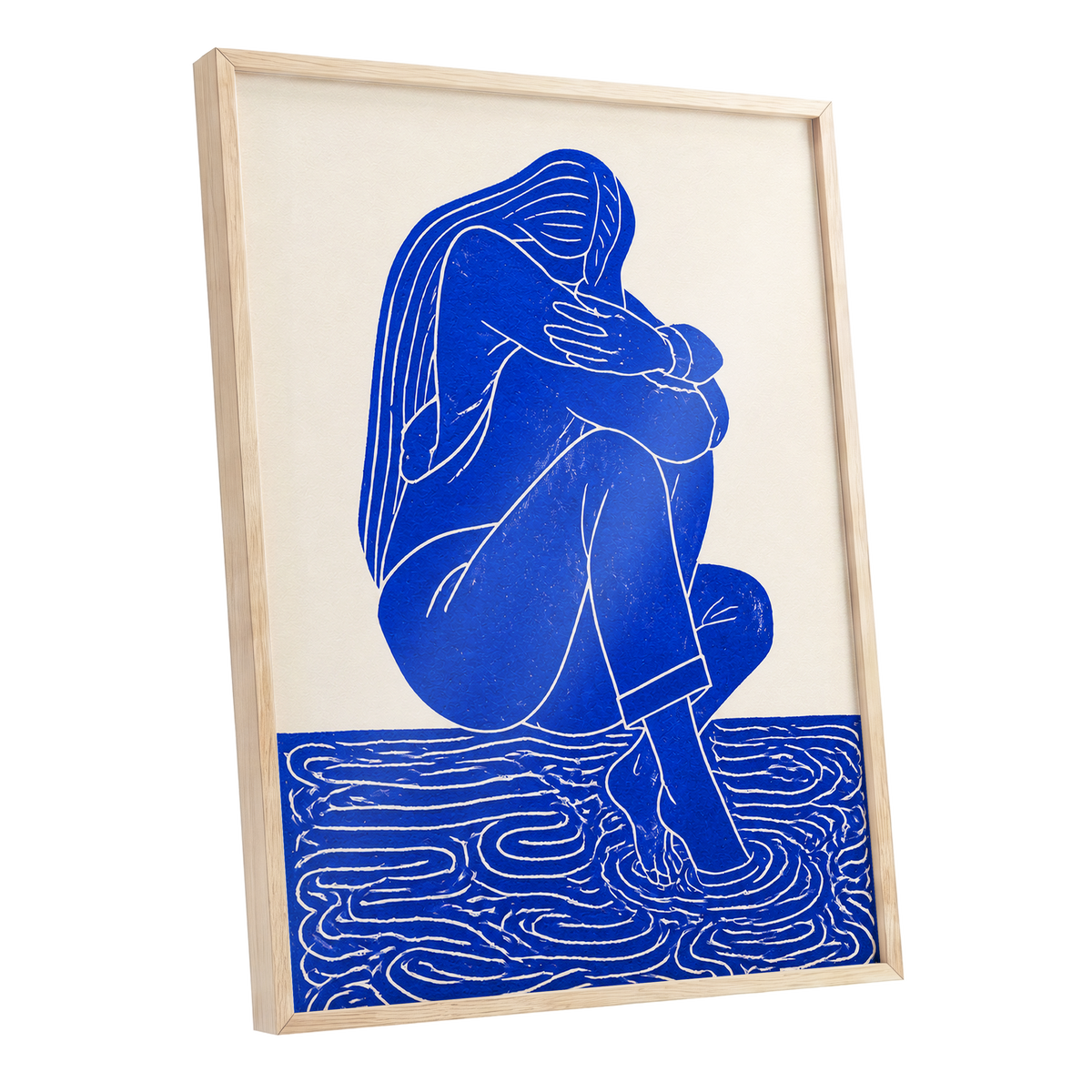 Cobalt Reverie, blue, beige, white minimalist wall art shown as a oak framed poster wall art print