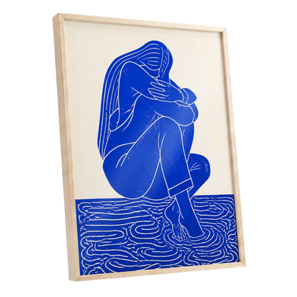 Cobalt Reverie, blue, beige, white minimalist wall art shown as a oak framed poster wall art print