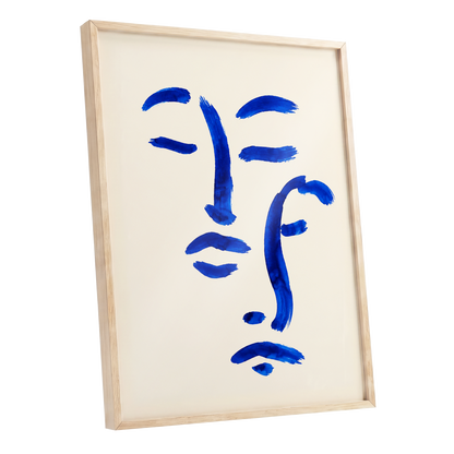 Cobalt Reverie, blue, beige, white minimalist wall art shown as a oak framed poster wall art print
