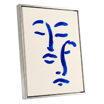 Cobalt Reverie, blue, beige, white minimalist wall art shown as a silver framed canvas wall art