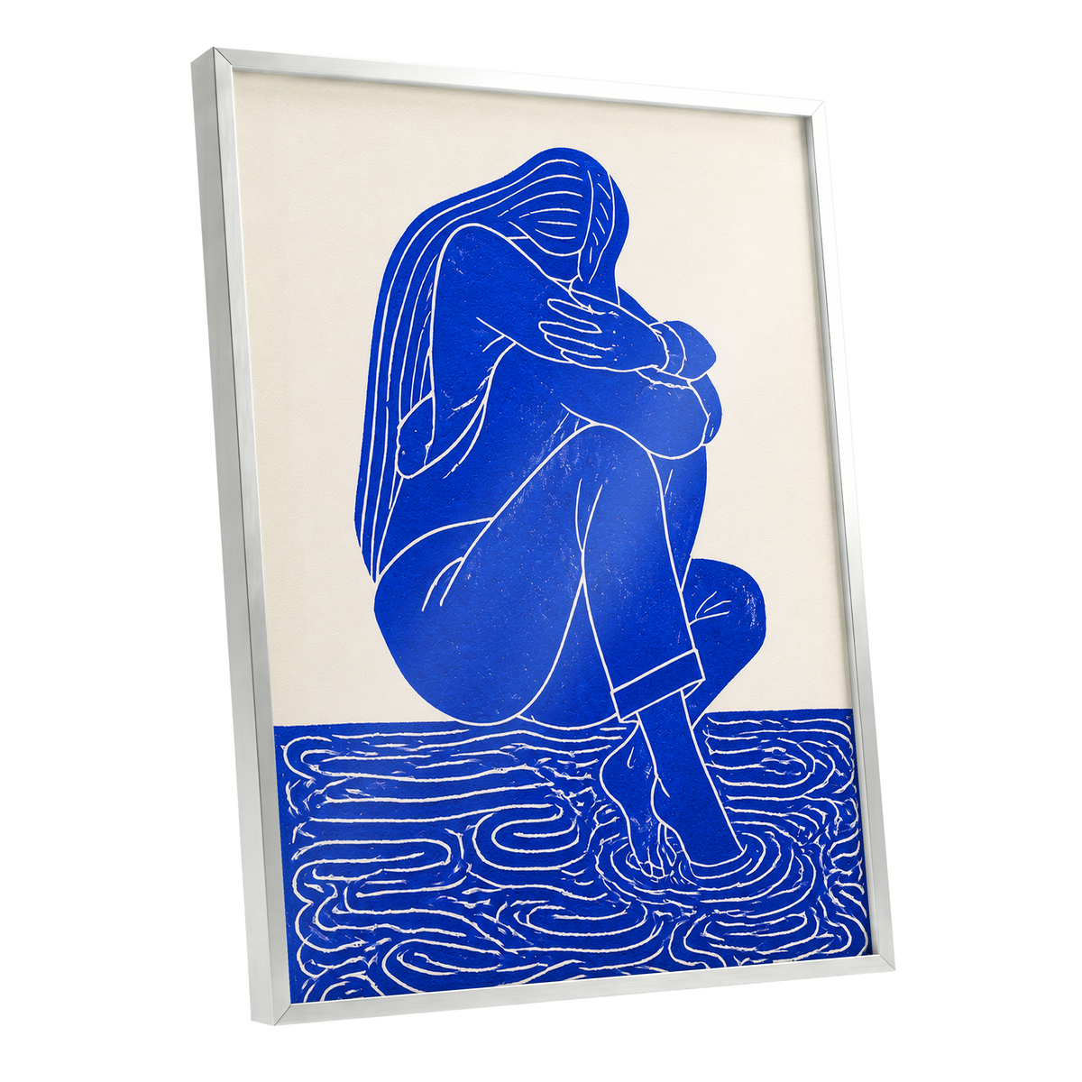 Cobalt Reverie, blue, beige, white minimalist wall art shown as a silver framed poster wall art print