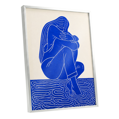 Cobalt Reverie, blue, beige, white minimalist wall art shown as a silver framed poster wall art print