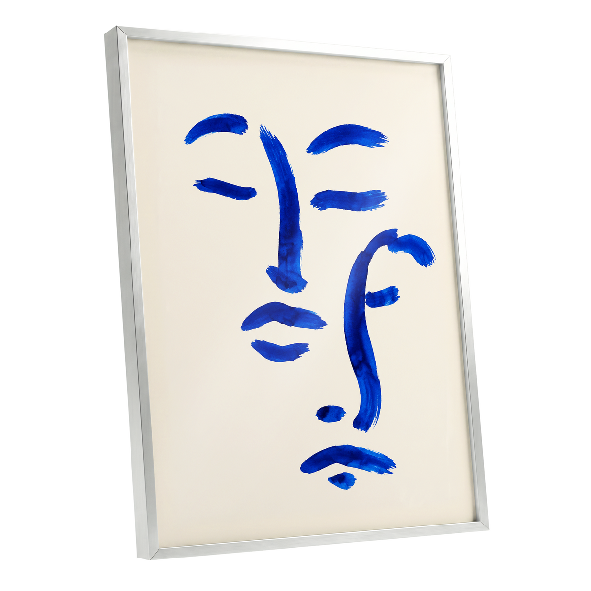 Cobalt Reverie, blue, beige, white minimalist wall art shown as a silver framed poster wall art print