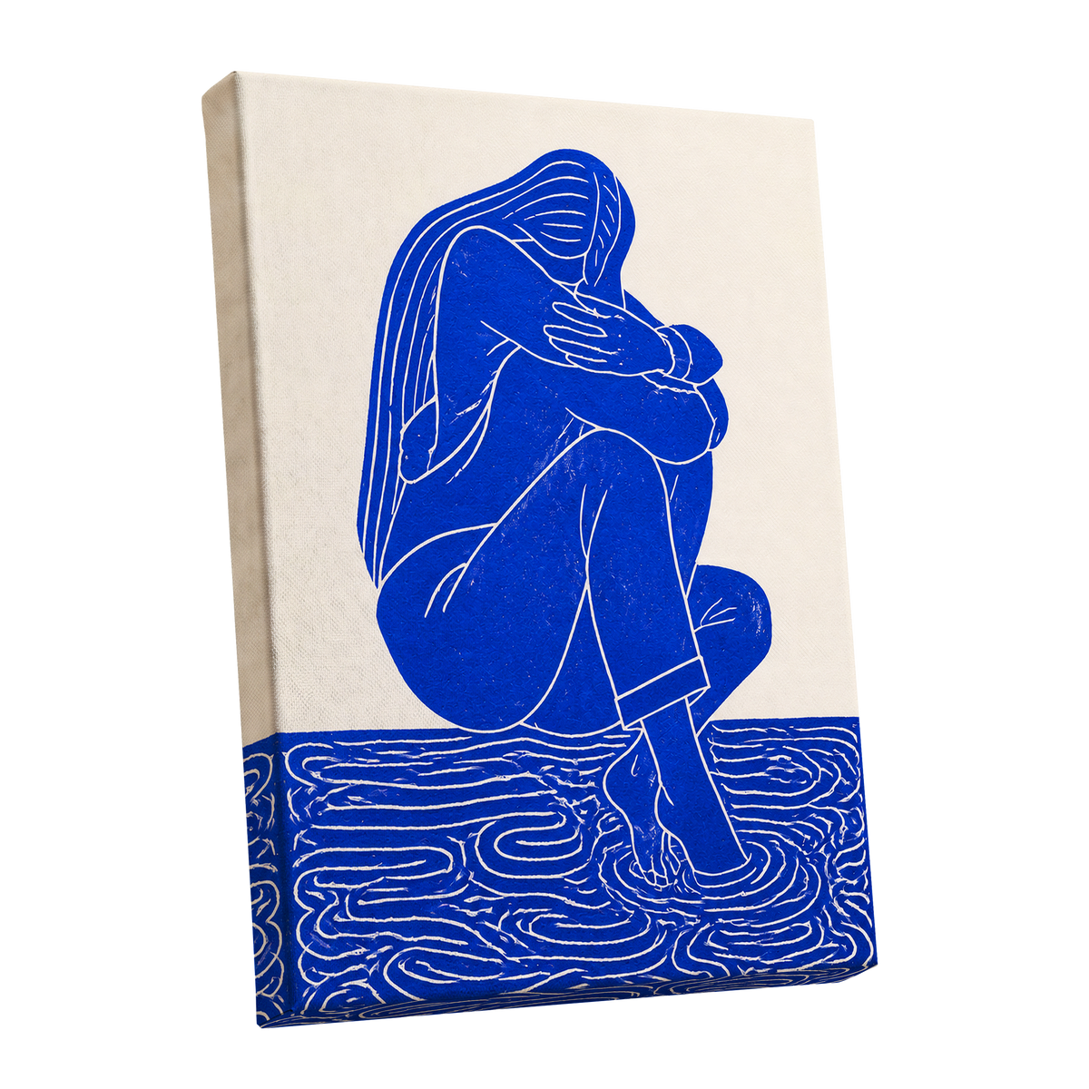 Cobalt Reverie, blue, beige, white minimalist wall art shown as a stretched canvas wall art