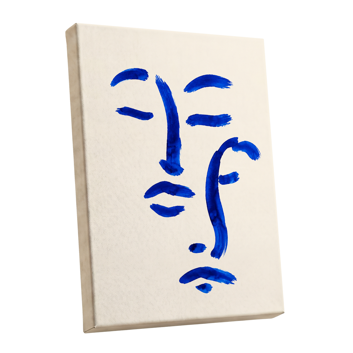 Cobalt Reverie, blue, beige, white minimalist wall art shown as a stretched canvas wall art