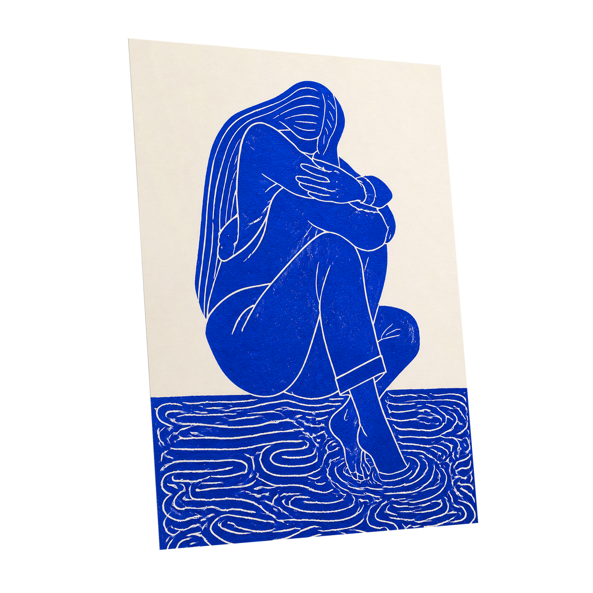 Cobalt Reverie, blue, beige, white minimalist wall art shown as a unframed poster wall art print