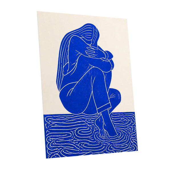 Cobalt Reverie, blue, beige, white minimalist wall art shown as a unframed poster wall art print