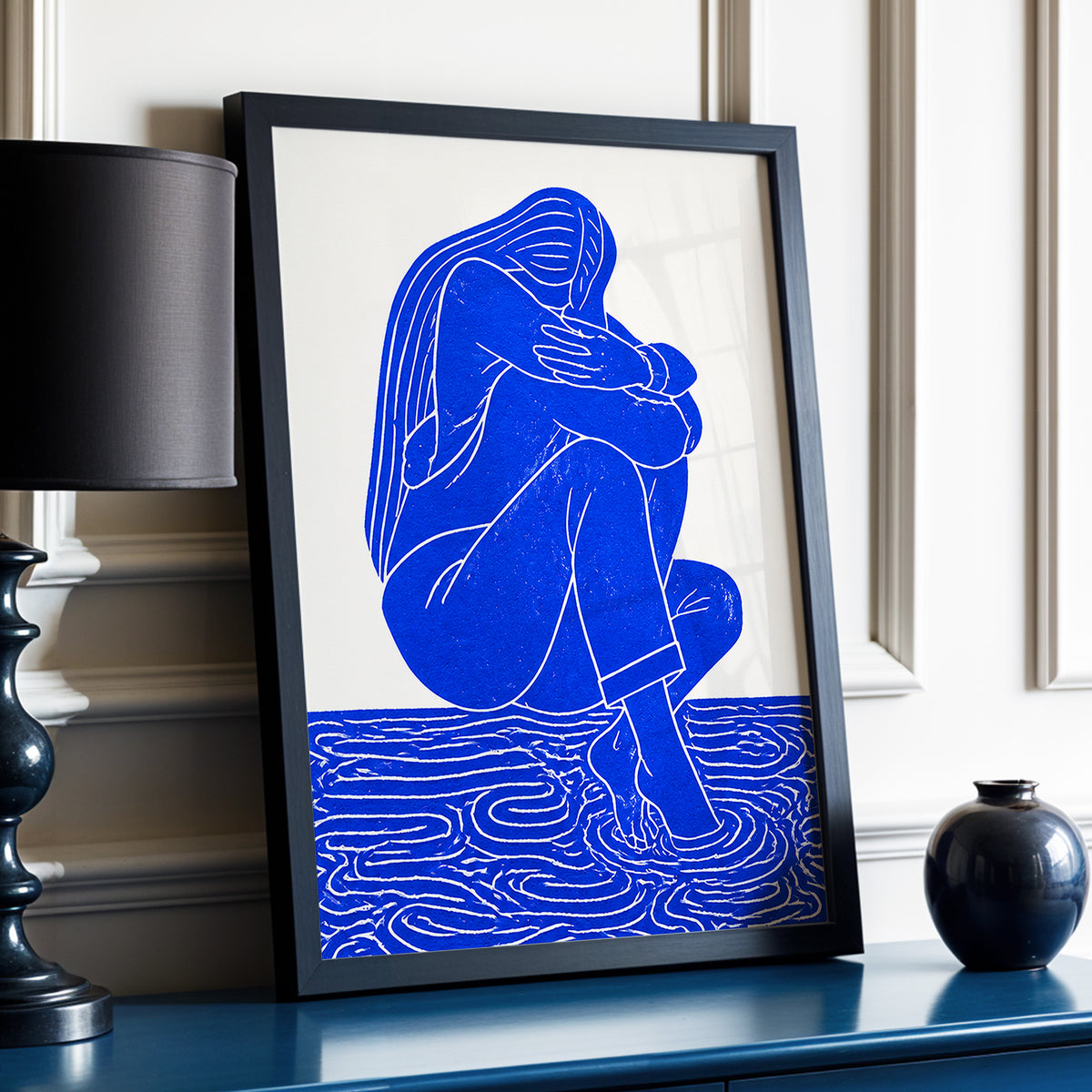 Cobalt Reverie, blue, beige, white minimalist wall art displayed in a styled interior, gallery view 2