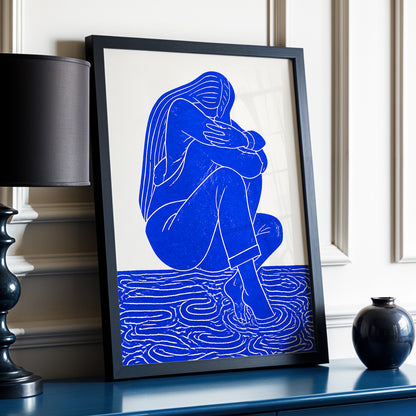 Cobalt Reverie, blue, beige, white minimalist wall art displayed in a styled interior, gallery view 2