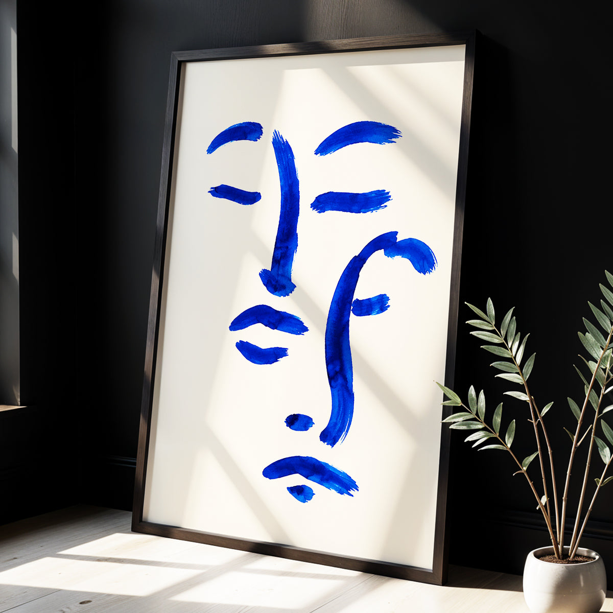 Cobalt Reverie, blue, beige, white minimalist wall art displayed in a styled interior, gallery view 2
