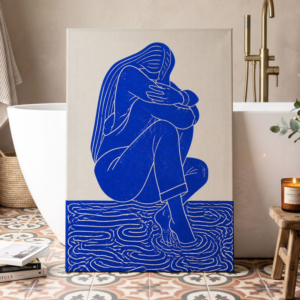 Cobalt Reverie, blue, beige, white minimalist wall art displayed in a styled interior, gallery view 3