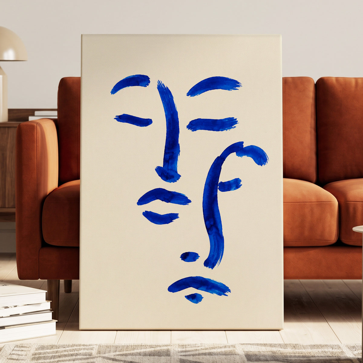 Cobalt Reverie, blue, beige, white minimalist wall art displayed in a styled interior, gallery view 3