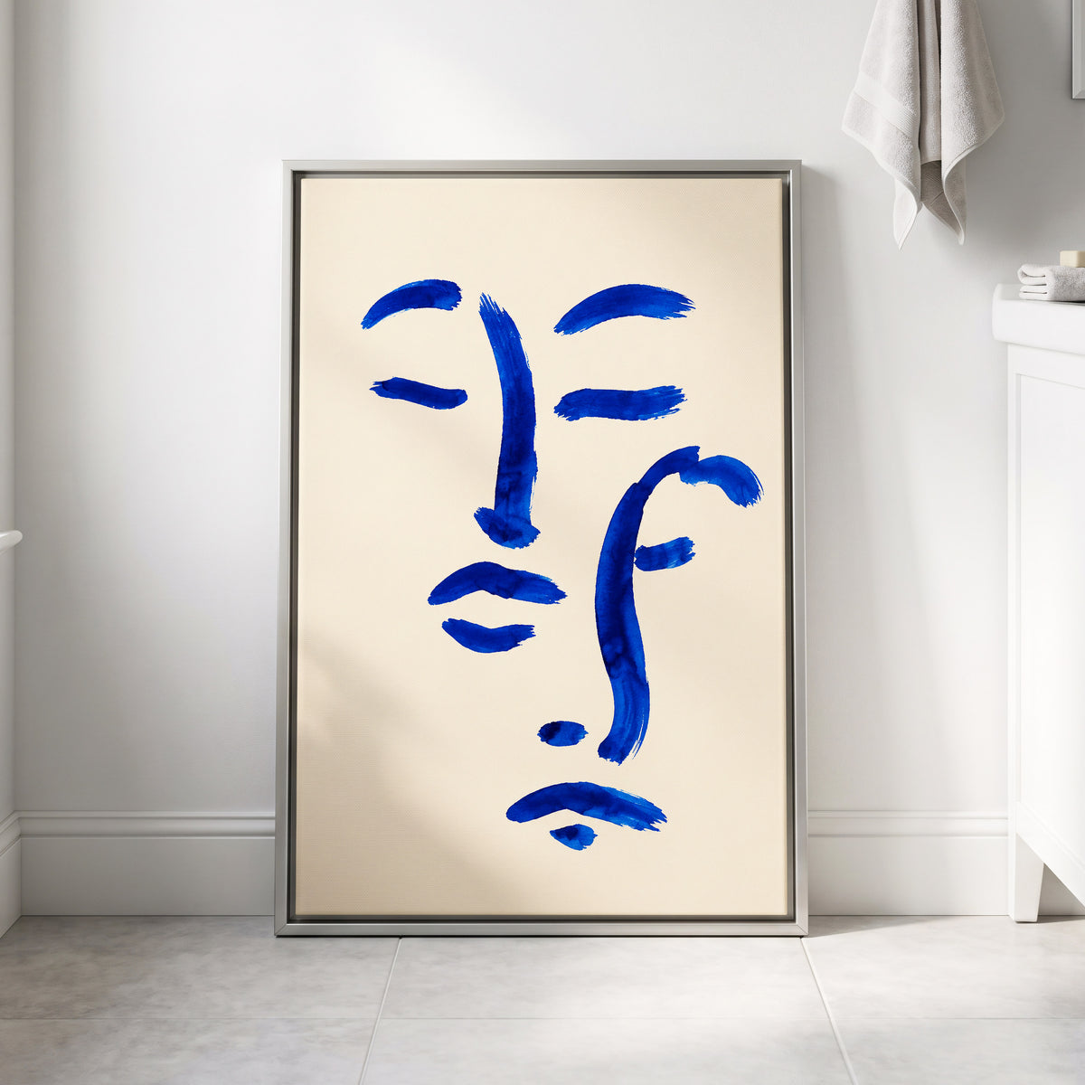 Cobalt Reverie, blue, beige, white minimalist wall art displayed in a styled interior, gallery view 4