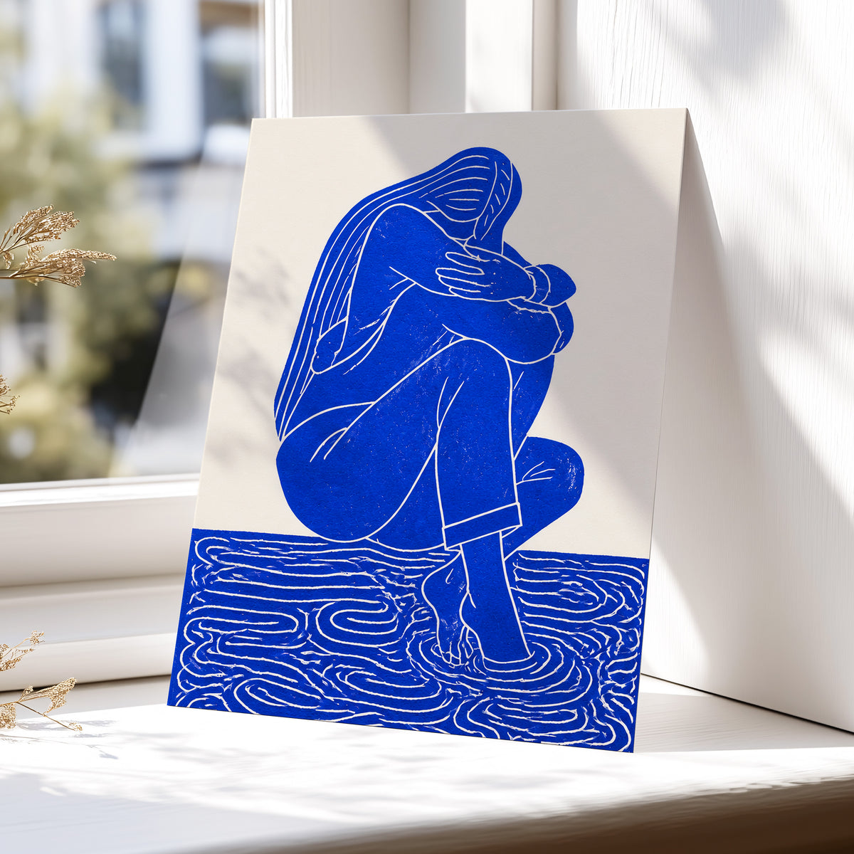 Cobalt Reverie, blue, beige, white minimalist wall art displayed in a styled interior, gallery view 5