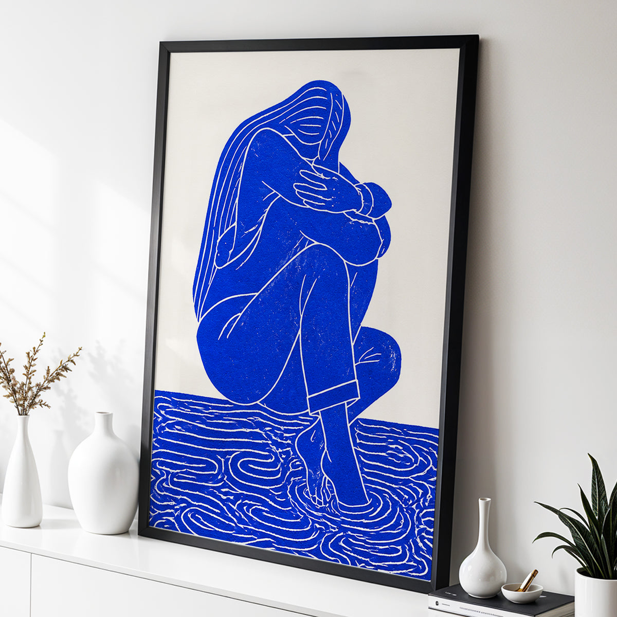 Cobalt Reverie, blue, beige, white minimalist wall art displayed in a styled interior, gallery view 6
