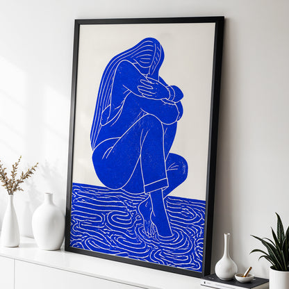 Cobalt Reverie, blue, beige, white minimalist wall art displayed in a styled interior, gallery view 6
