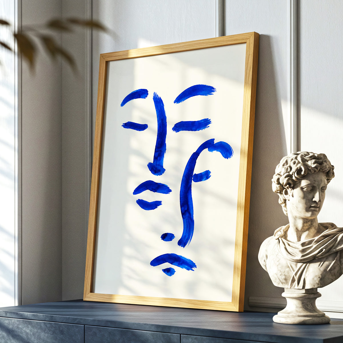 Cobalt Reverie, blue, beige, white minimalist wall art displayed in a styled interior, gallery view 6
