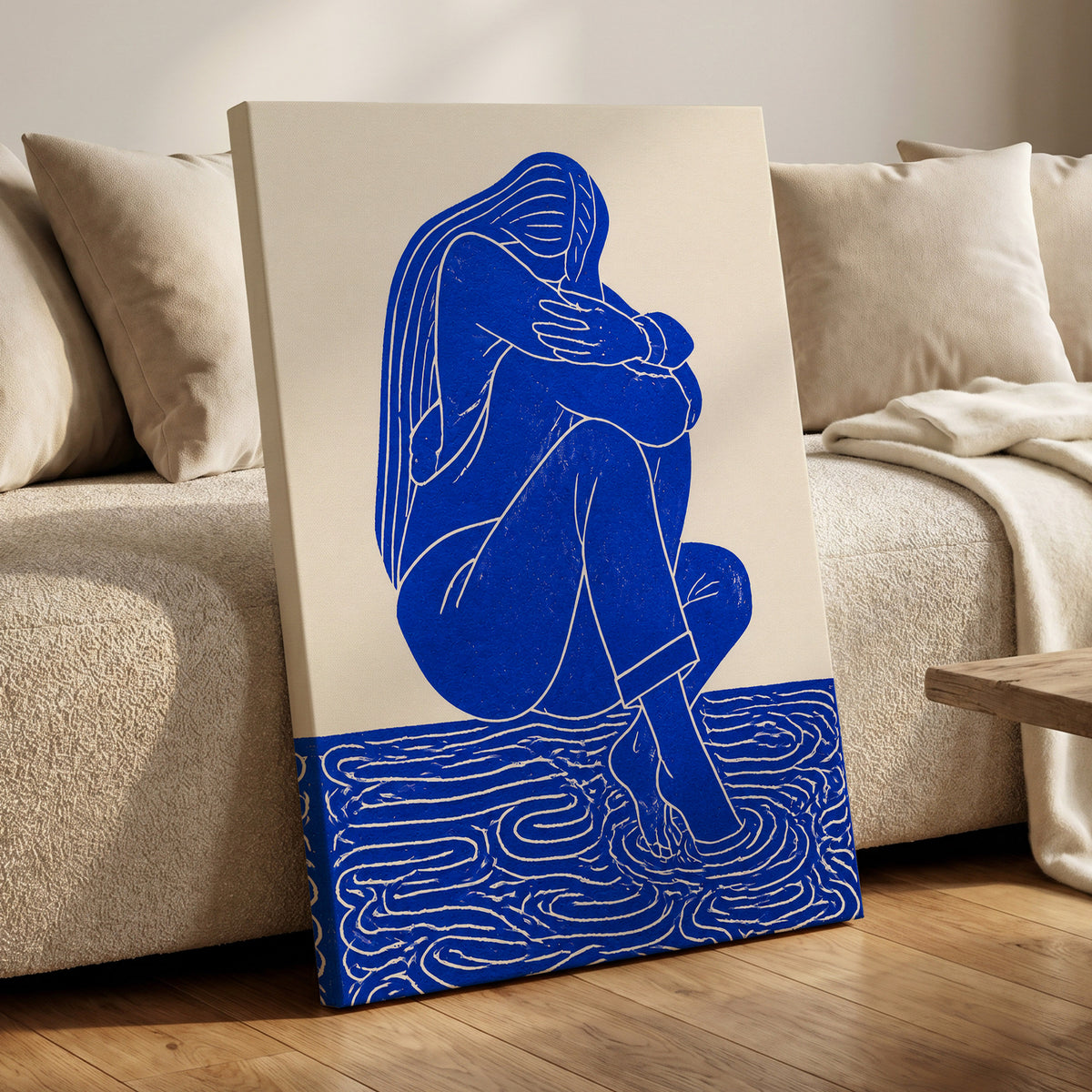 Cobalt Reverie, blue, beige, white minimalist wall art displayed in a styled interior, gallery view 7