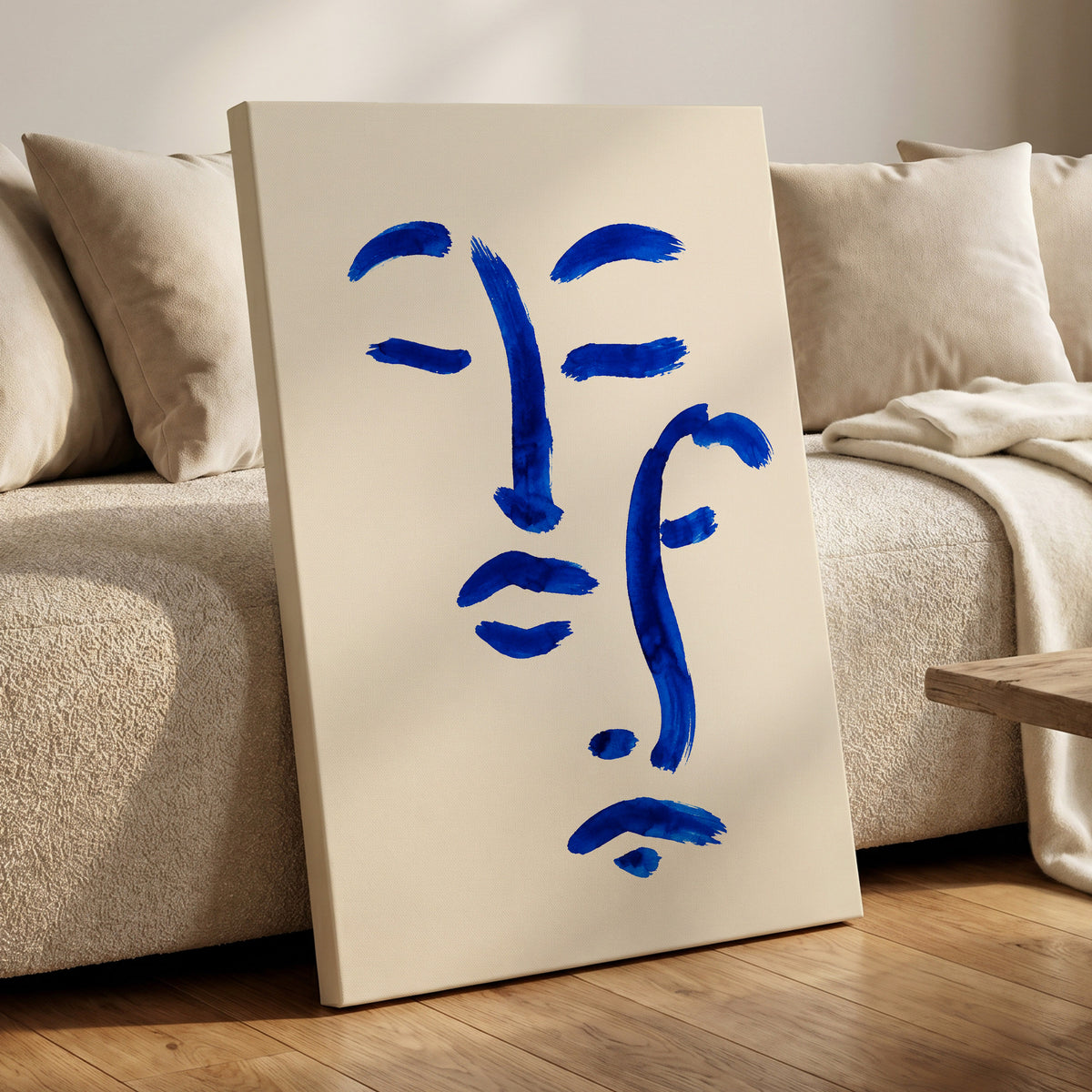 Cobalt Reverie, blue, beige, white minimalist wall art displayed in a styled interior, gallery view 7