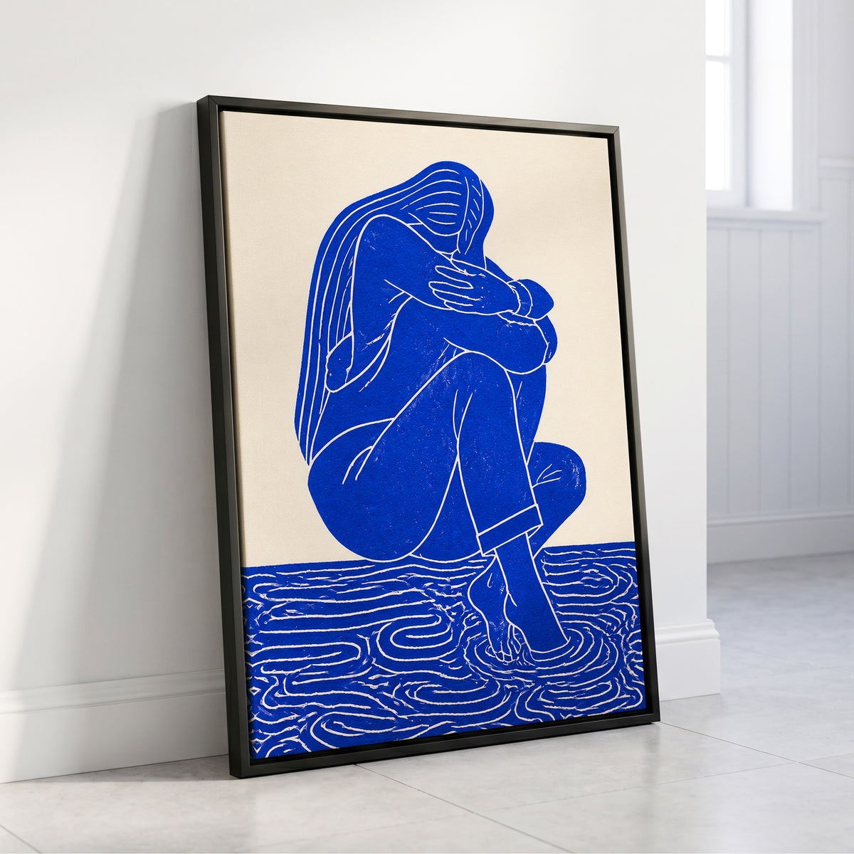 Cobalt Reverie, blue, beige, white minimalist wall art displayed in a styled interior, gallery view 8