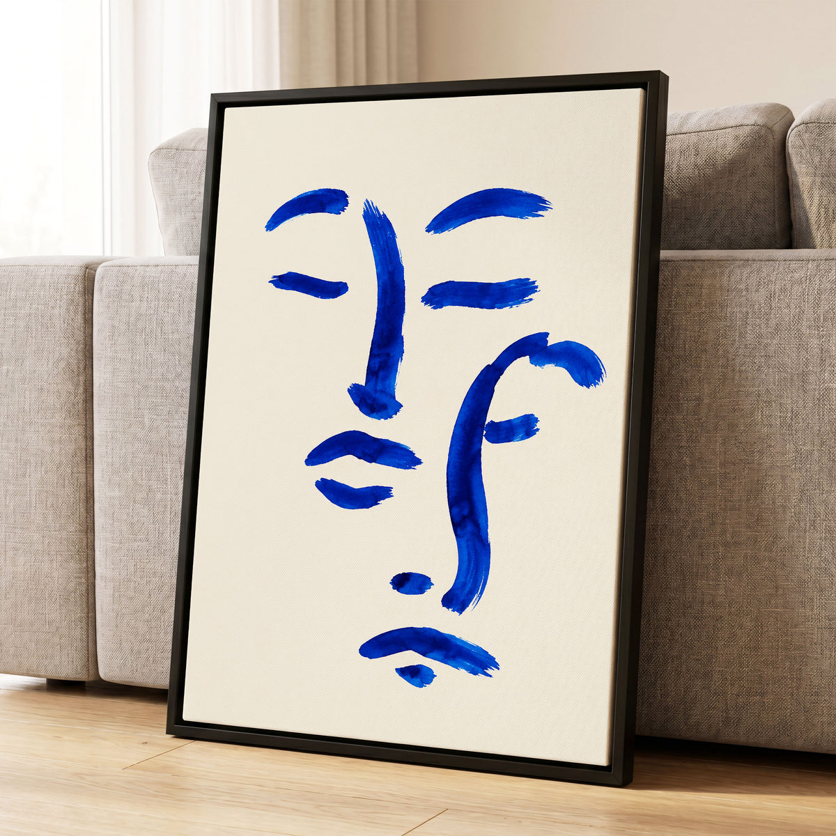 Cobalt Reverie, blue, beige, white minimalist wall art displayed in a styled interior, gallery view 8