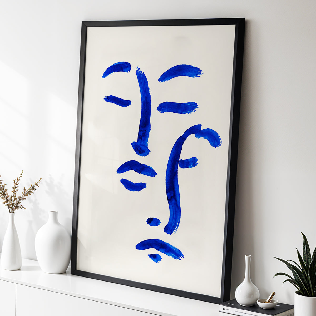 Cobalt Reverie, blue, beige, white minimalist wall art displayed in a styled interior, gallery view 9