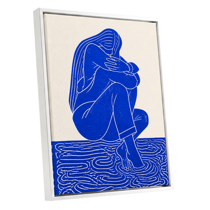 Cobalt Reverie, blue, beige, white minimalist wall art shown as a white framed canvas wall art