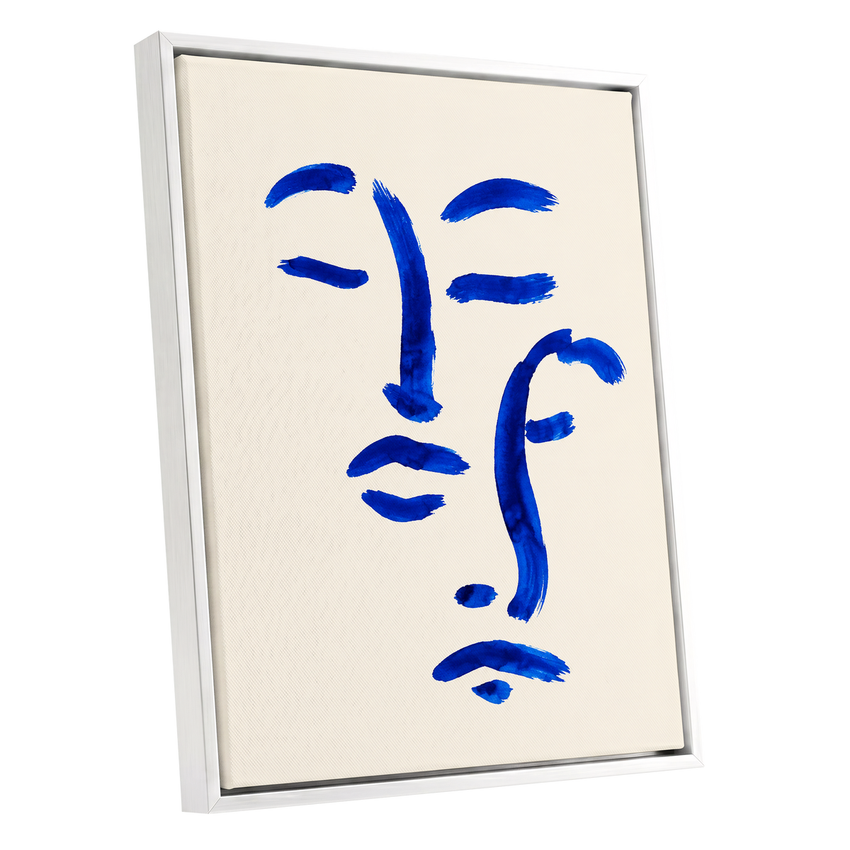 Cobalt Reverie, blue, beige, white minimalist wall art shown as a white framed canvas wall art