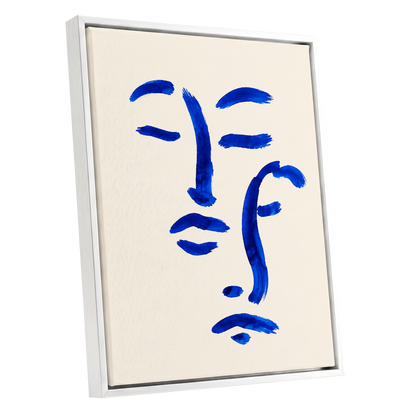 Cobalt Reverie, blue, beige, white minimalist wall art shown as a white framed canvas wall art