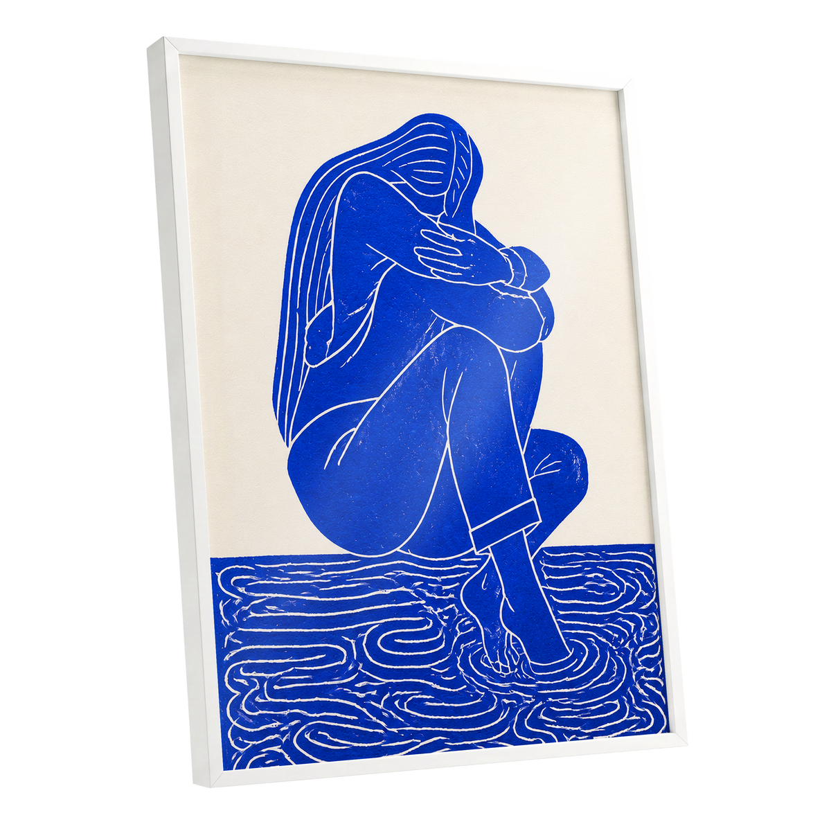 Cobalt Reverie, blue, beige, white minimalist wall art shown as a white framed poster wall art print