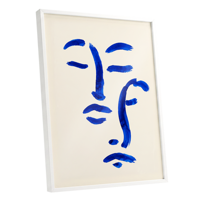 Cobalt Reverie, blue, beige, white minimalist wall art shown as a white framed poster wall art print