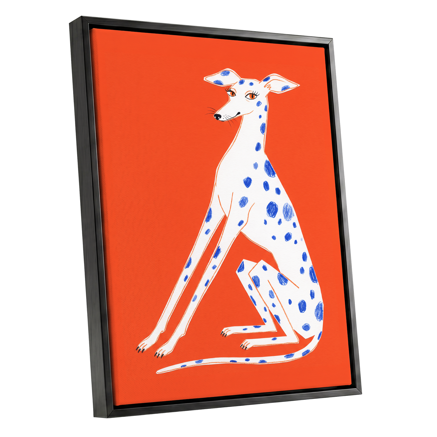 Cobalt Spot Greyhound, orange, white, blue nature wall art shown as a black framed canvas wall art
