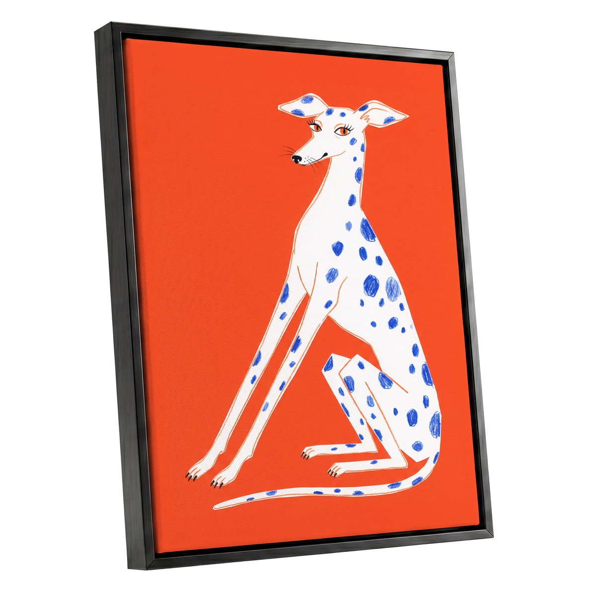 Cobalt Spot Greyhound, orange, white, blue nature wall art shown as a black framed canvas wall art