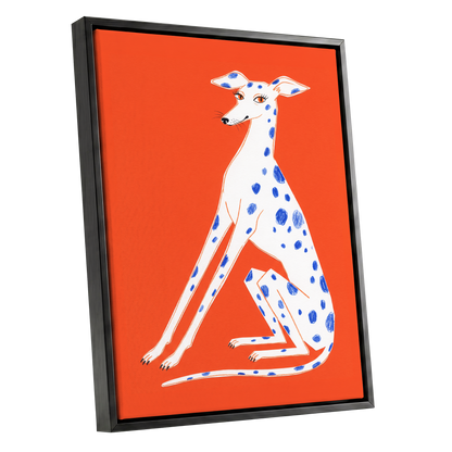 Cobalt Spot Greyhound, orange, white, blue nature wall art shown as a black framed canvas wall art