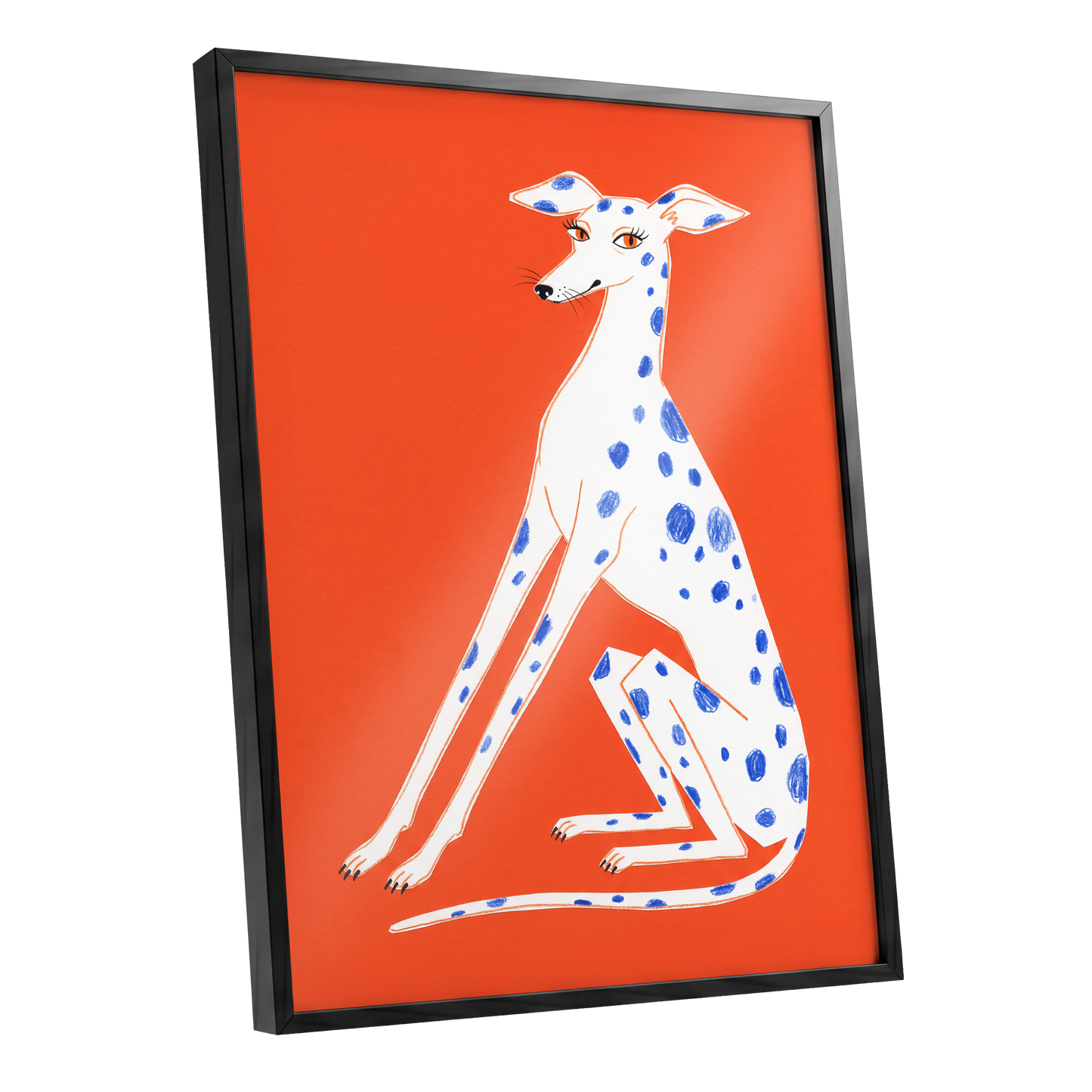 Cobalt Spot Greyhound, orange, white, blue nature wall art shown as a black framed poster wall art print