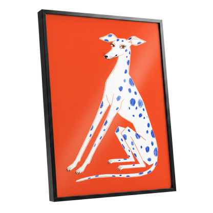 Cobalt Spot Greyhound, orange, white, blue nature wall art shown as a black framed poster wall art print