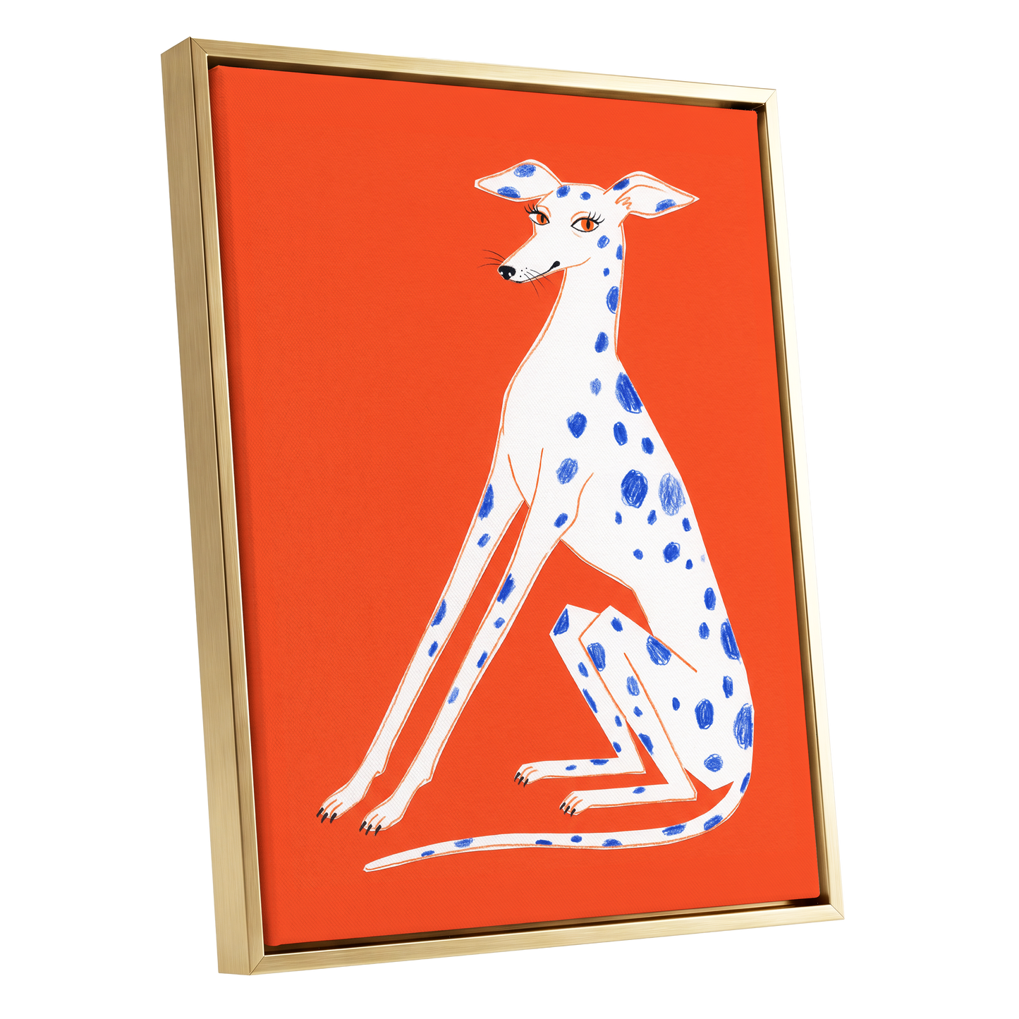 Cobalt Spot Greyhound, orange, white, blue nature wall art shown as a gold framed canvas wall art