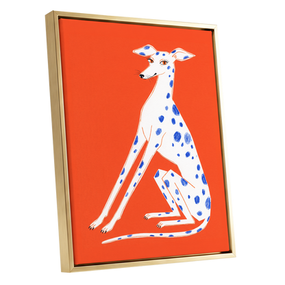 Cobalt Spot Greyhound, orange, white, blue nature wall art shown as a gold framed canvas wall art