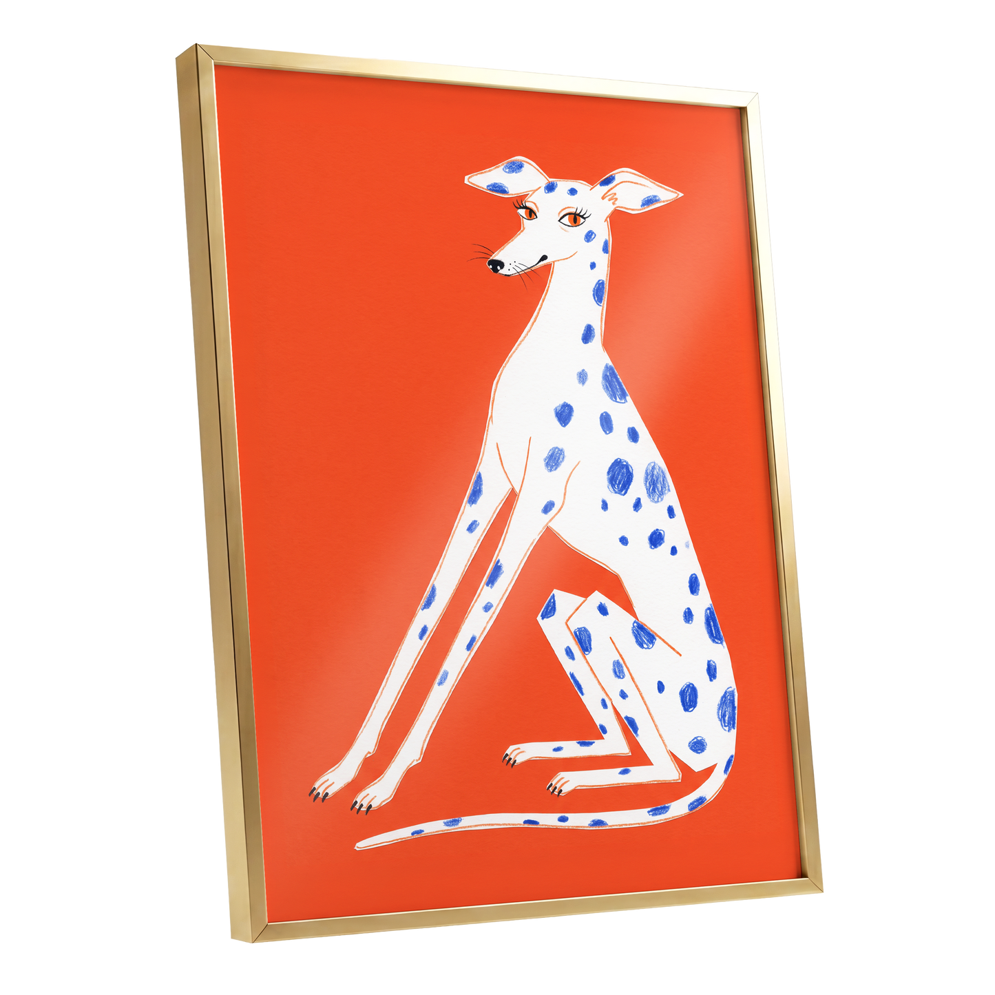 Cobalt Spot Greyhound, orange, white, blue nature wall art shown as a gold framed poster wall art print