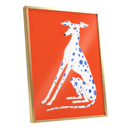 Cobalt Spot Greyhound, orange, white, blue nature wall art shown as a gold framed poster wall art print